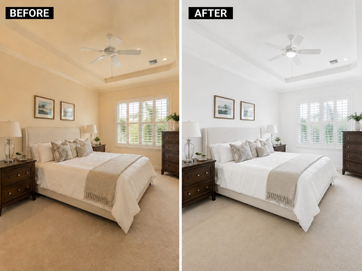 Before and after interior repaint of a master bedroom with tray ceiling