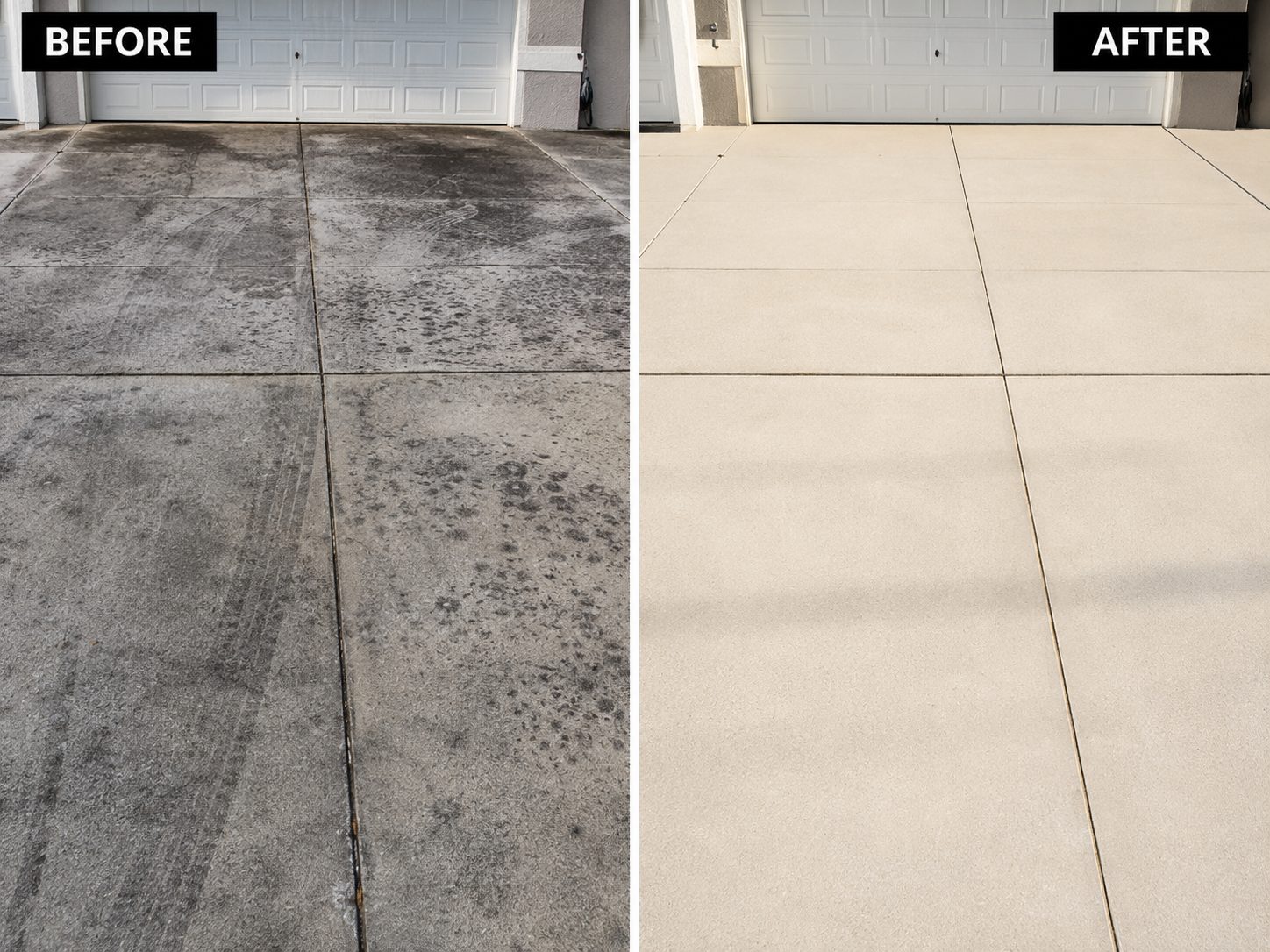 Before and after pressure washing of a residential concrete driveway