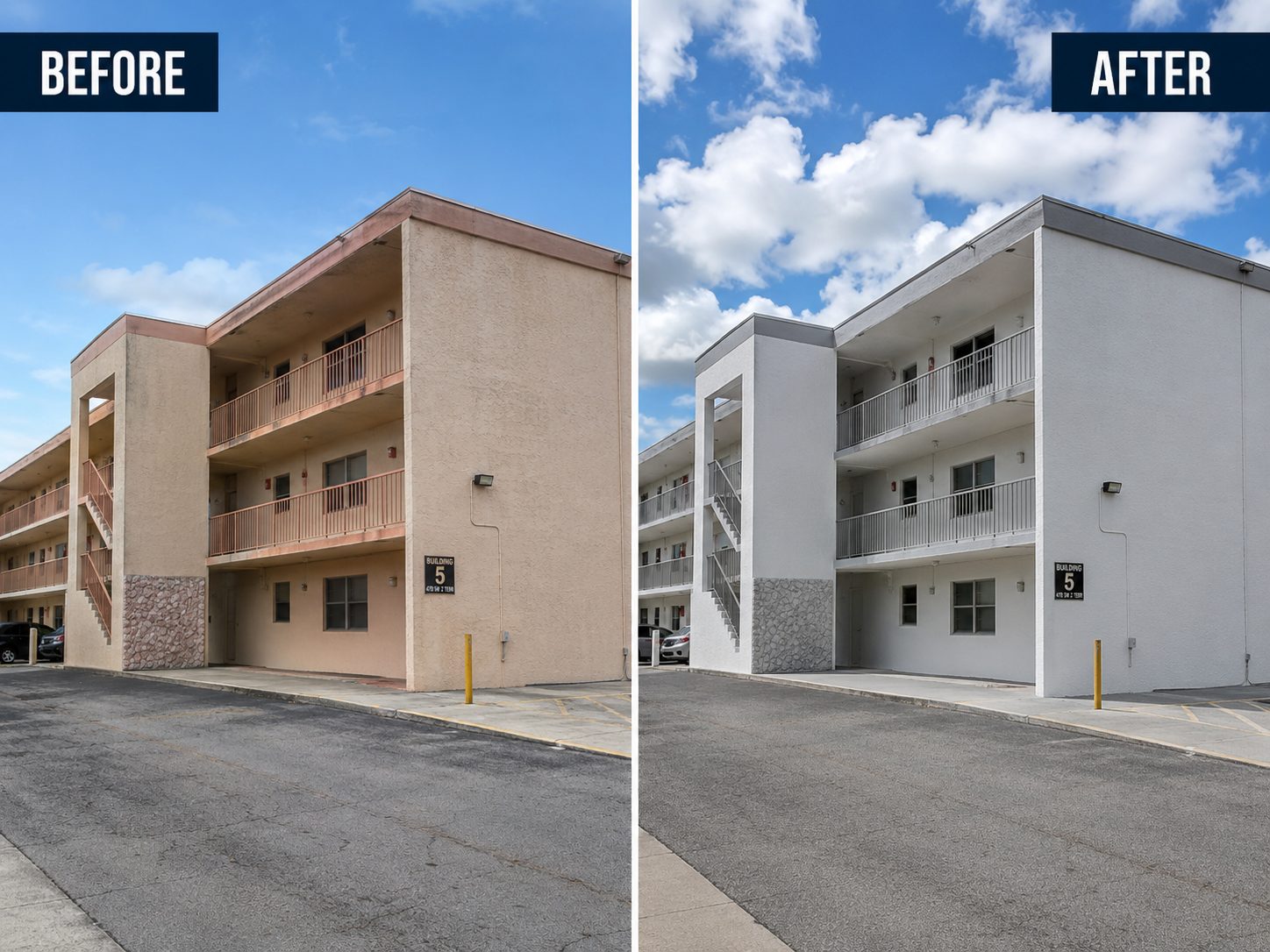 Before and after exterior repaint of a three-story apartment building