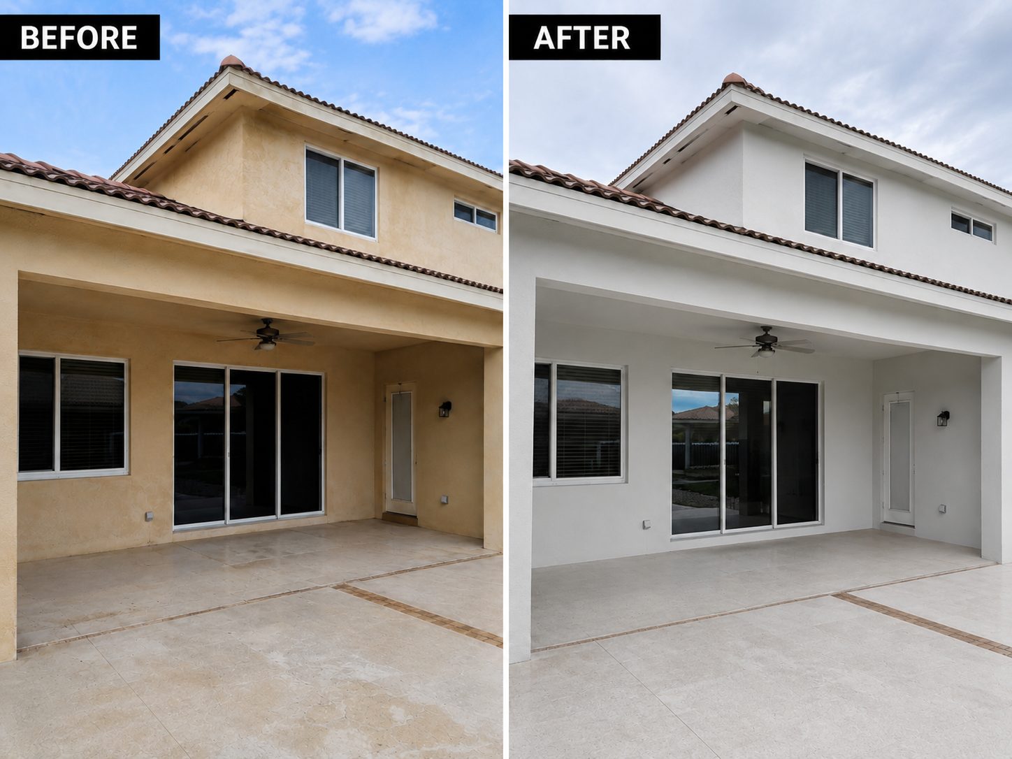 Before and after exterior repaint of a two-story house in Palm Beach County