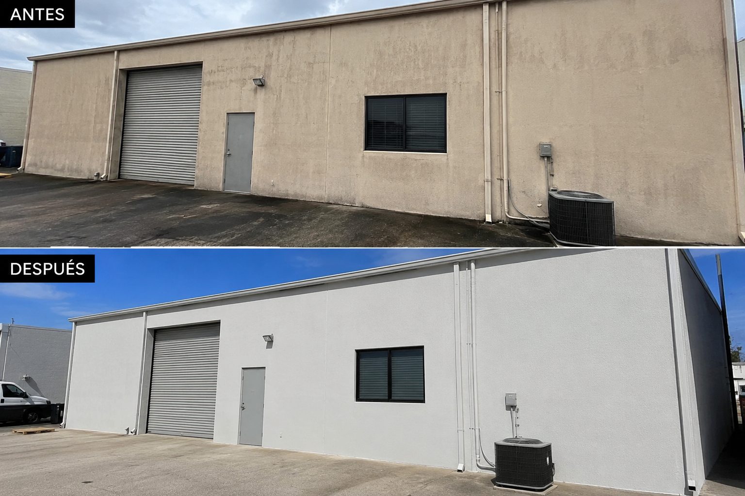 Before and after exterior repaint of a commercial warehouse