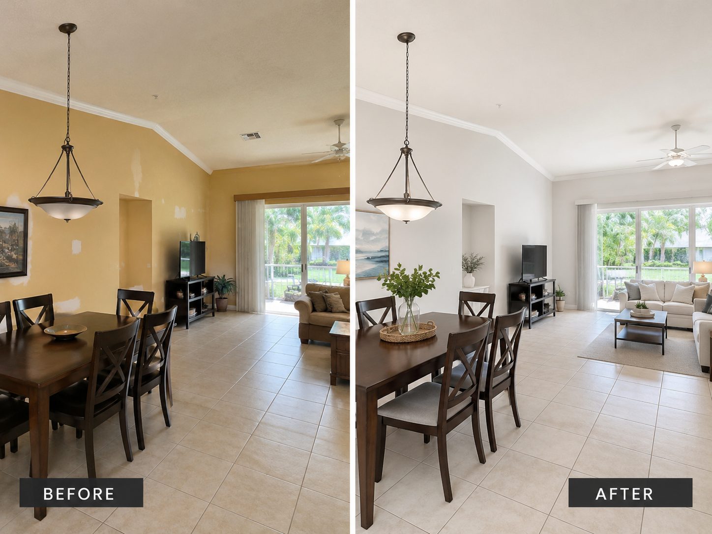 Before and after interior repaint of a dining and living area in Broward County
