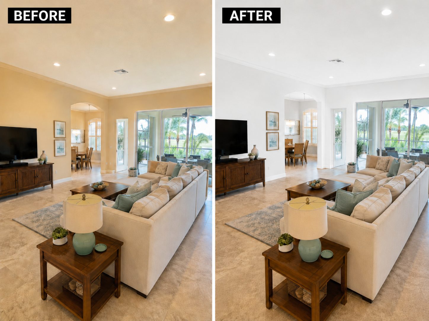 Before and after interior repaint of a living room in Palm Beach County