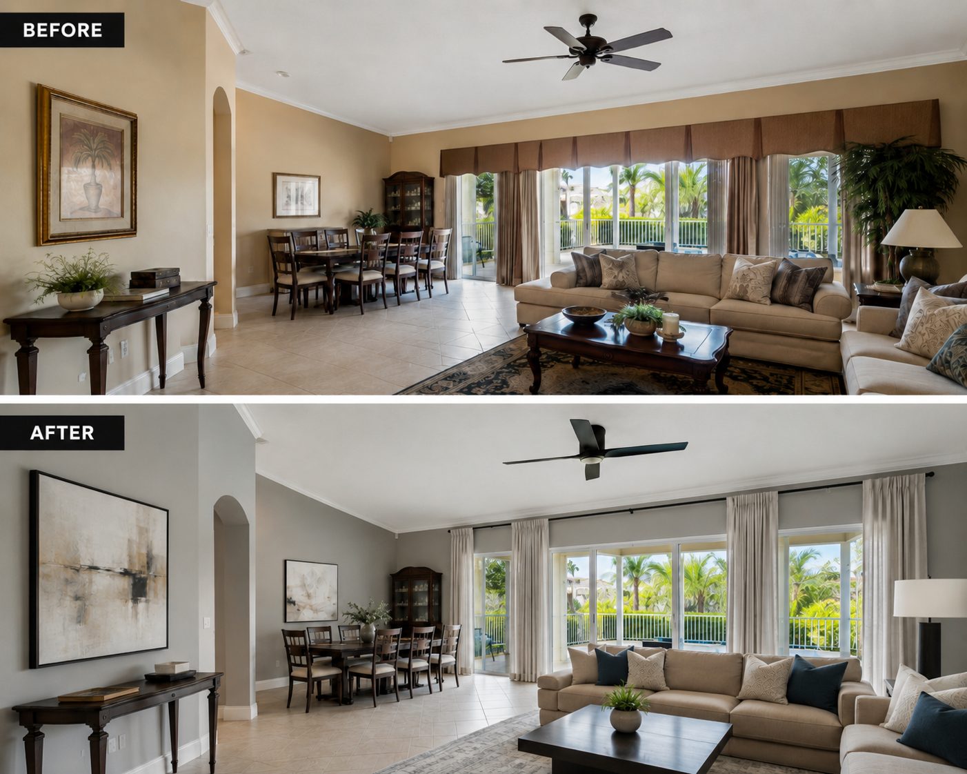 Before and after interior repaint of a living and dining room in Royal Palm Beach